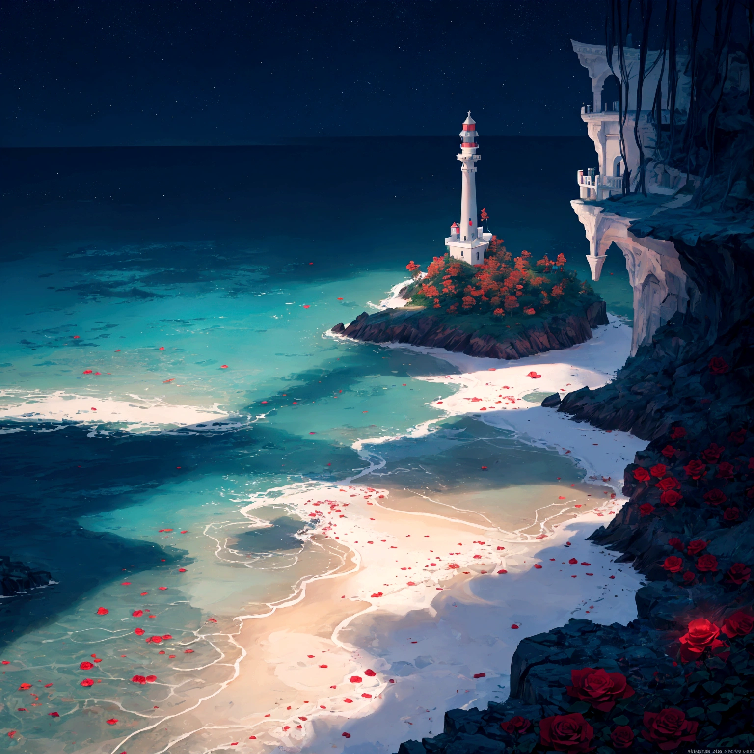 Seaside at night,Long shot,In the distance is the quiet and bright starry sky and islands,There is glowing sea water in the lower right corner of the picture,There is a lighthouse on the seaside,(There is a bright, winding path along the seaside that extends to the south,There are large patches of glowing red roses growing on the seashore),Glowing rose petals floating on the sea,Clear edge glow rendering,Neon light effects,Strong color contrast,Emphasize the bright colors in the lower right corner,水彩画Ink splashing质感,Light and Shadow Art,Gorgeous, romantic, beautiful and dreamy atmosphere,Large game CG scenes,Light painting rendering,Light particle effects,Flowing Lights,Bright lights flashing on the seaside, Beautiful art UHD 4K, Oil painting texture,Beautiful Numbers艺术作品, A quiet night. Digital Illustration, A beautiful artistic illustration, Beautiful Numbers, Amazing wallpapers, 4k highly detailed digital art, Fantasy seascape, 4K HD illustration wallpaper, beautiful Digital Illustration,8k concept art,Utopian Fantasy Art,Ink splashing