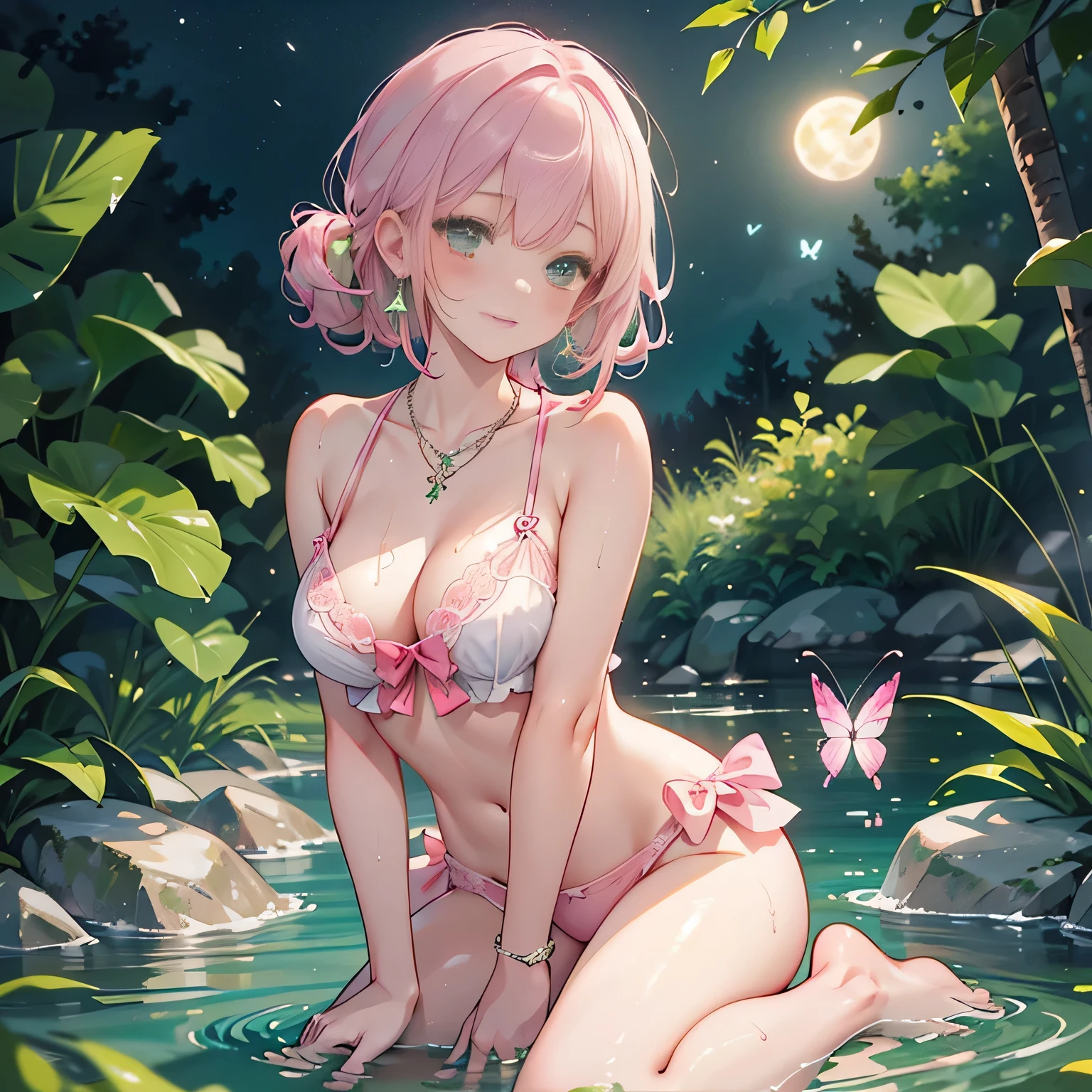 (beautiful pink and green butterflies all over the place),
((masterpiece:1.4, best quality)), ((masterpiece, best quality)),low angle,beautiful pony tail silver green hair,beautiful  pink eyes,little cute   girl,wet full body, bathing in the water,water falls,water splash,lovely laugh,denim shorts,pink and green baseball cap, ((pink and green elegant summer bikini)), (Lace chalker, wristband, diamond necklace,earrings),cinematic lighting and pause,beautiful natural mysterious park,night sky,full moon,(beautiful pink and green butterflies all over the place),
