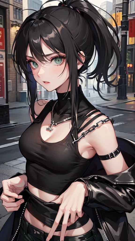 Photograph of the upper body of a beautiful woman, , big breasts), (small waist, perfect body), Sharp focus, (tall body, mature woman), ((Looking ahead)), (Highly detailed skin, hair follicles:1.4,) (long ponytail hairstyle, green eyes) , (black t-shirt:1.47),(green pants),chain , There are tears. , Cross necklace , wearing a black leather jacket, cross chain, city scenery , punk , night light , high quality ,cold expression, one leather gloves , biker style