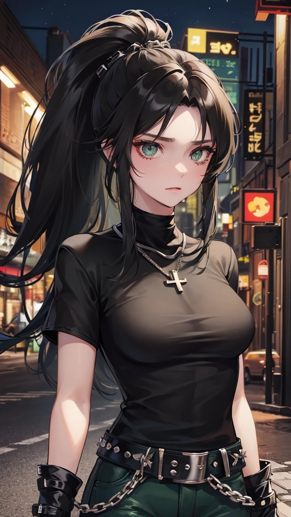 Photograph of the upper body of a beautiful woman, , big breasts), (small waist, perfect body), Sharp focus, (tall body, mature woman), ((Looking ahead)), (Highly detailed skin, hair follicles:1.4,) (long ponytail hairstyle, green eyes) , (black t-shirt:1.47),(green pants),chain , There are tears. , Cross necklace , wearing a black leather jacket, cross chain, city scenery , punk , night light , high quality ,cold expression, one leather gloves , biker style