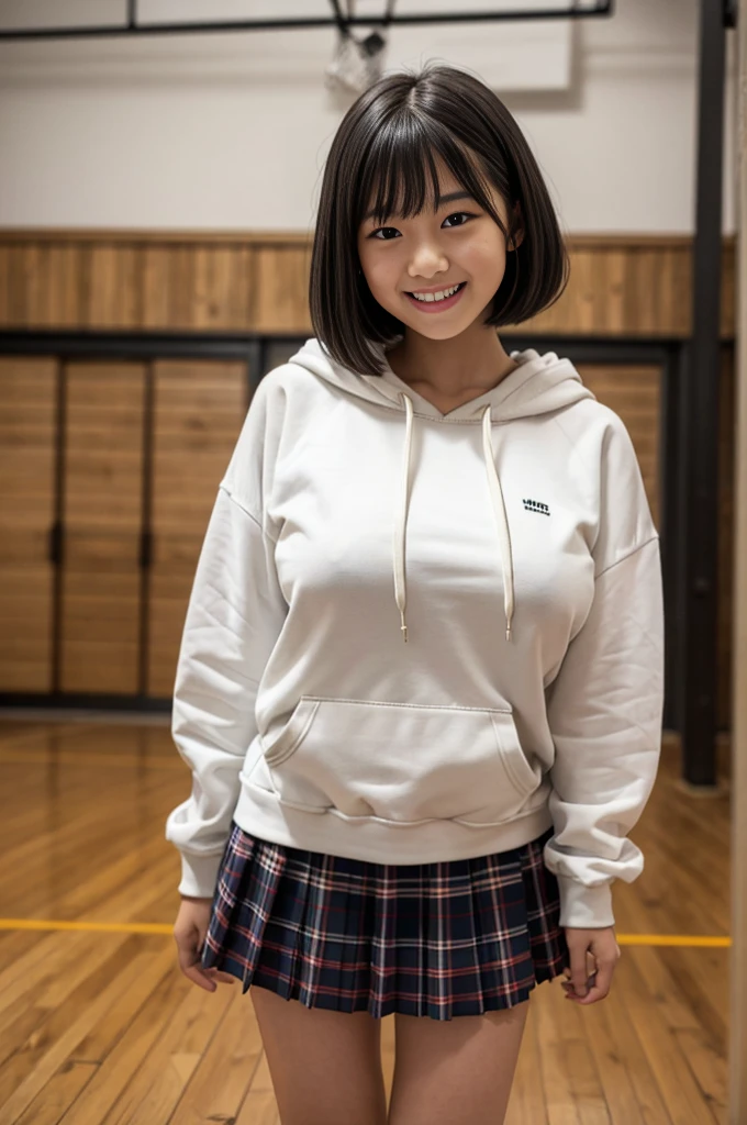 A girl, , cute smile girl, ((oversized hoodie)), (midi plaid skirt), black pixie cut, (huge breasts), in wooden floor school gym, half open mouth,  ((Underexpose Lighting)), view from front, 