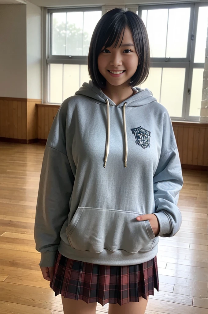 A girl, 15yo, cute smile girl, ((oversized hoodie)), (midi plaid skirt), black pixie cut, (huge breasts), in wooden floor school gym, half open mouth,  ((Underexpose Lighting)), view from front, 