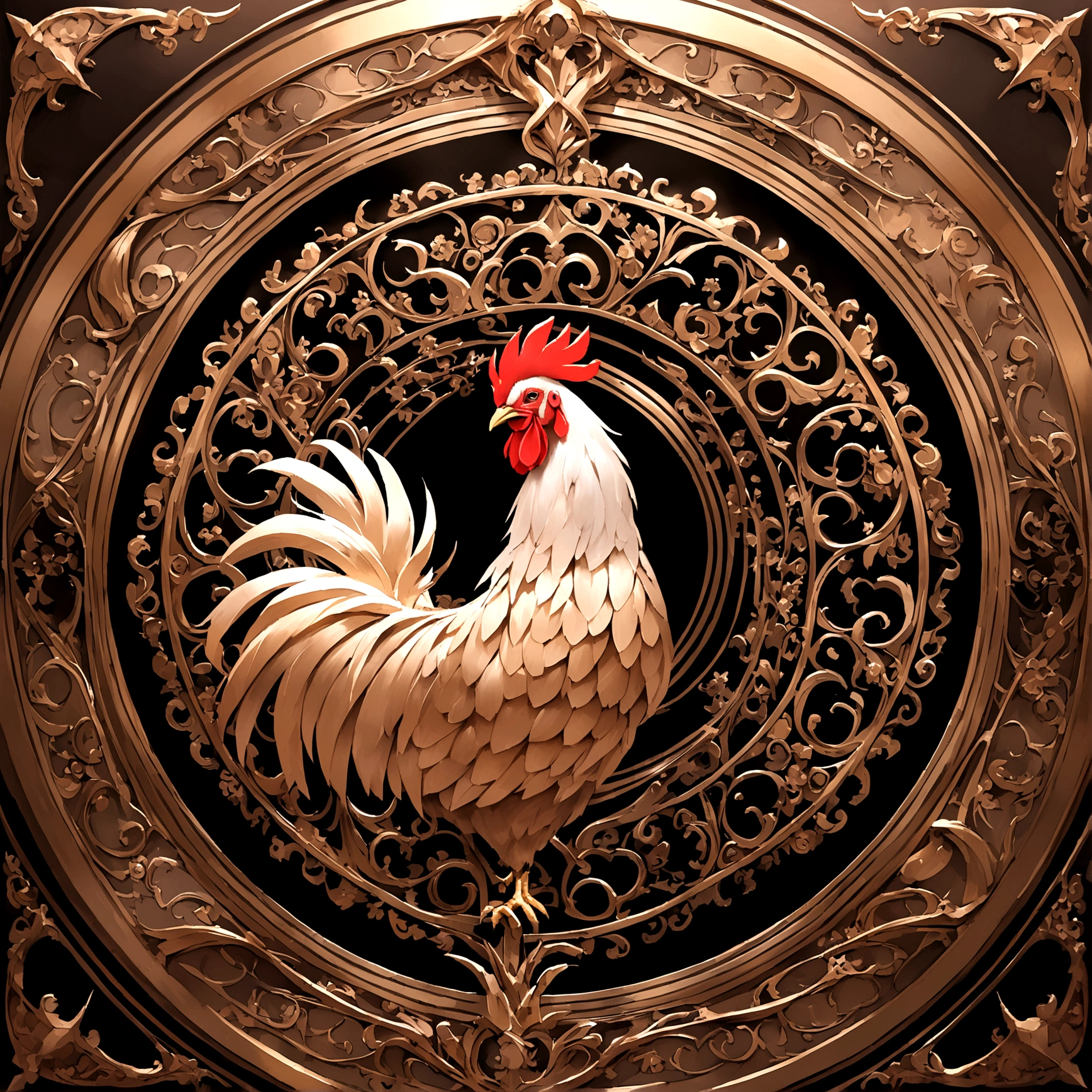 A rooster made of iron,Rich in details,Lifelike,The surface shows a clear iron metallic luster。