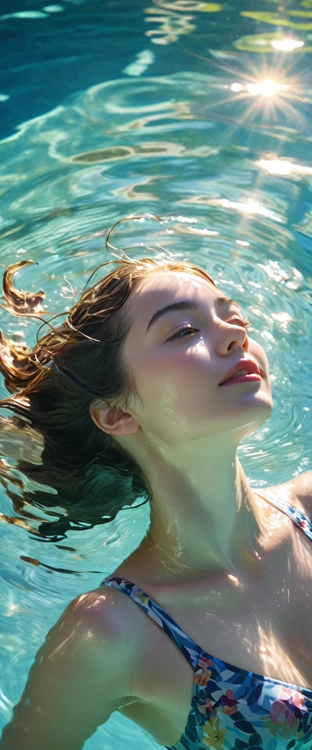 June heatwave,Beautiful girl enjoying herself in the swimming pool,(Close-up of entire head submerged in water.The moment I jumped out of the water)Surrounded by the dazzling afternoon sun, Shadows and water ripples,The whole scene looks lazy and romantic, Effortlessly elegant aesthetics.。