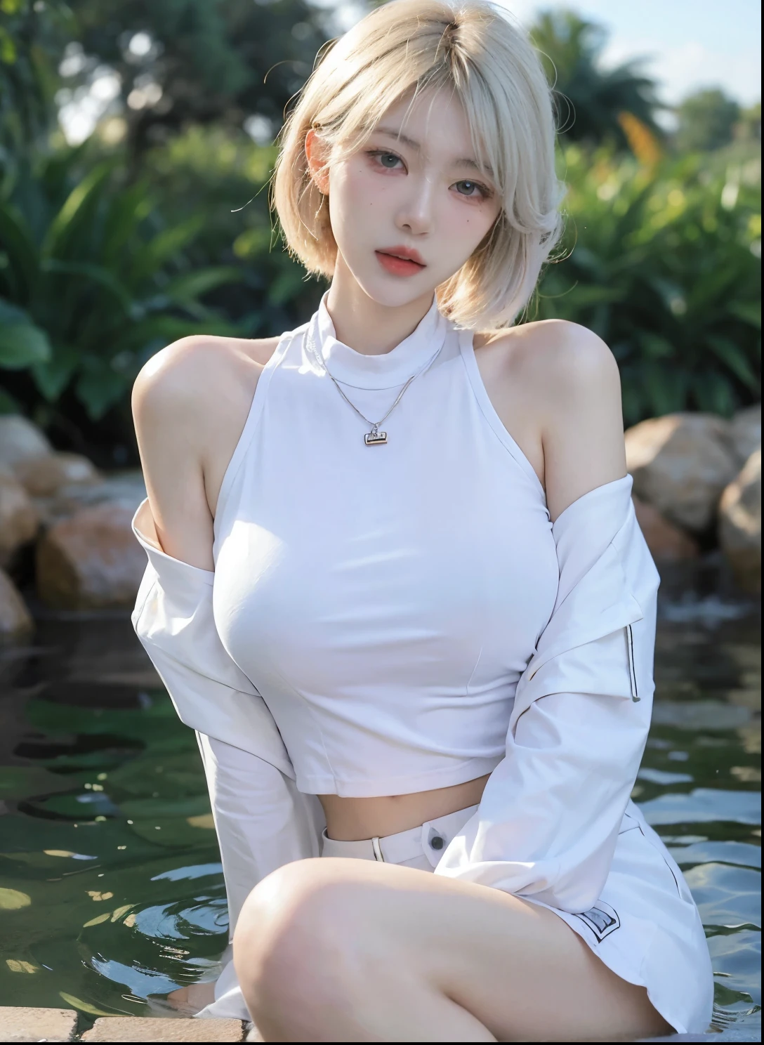 Beautiful woman with perfect figure:1.4,Swimming background,Desert Background,Ultra-high resolution,Seductive laughter,wear glasses,White legs,(lifelike:1.4),Layered Hairstyle,White皮肤,Super short pleated skirt,whole body,Very delicate face and skin texture,Double eyelids,Skin Whitening,Long hair,White hair,White,