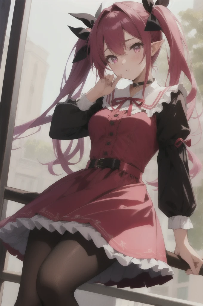 lineye,1girl,solo,short twintails,hair between eyes,pink hair,medium hair,demon horns,dark red hair ribbon,pointy ears,purple eyes,
frilled shirt collar,dark red choker,white frilled shirt,juliet sleeves,long sleeves,dark red neck ribbon,dark red dress,white frilled dress,white layered dress,brown corset,striped pantyhose,
mary janes,outdoors,battle axe,holding axe, Exquisite visuals, high-definition,masterpiece,best quality,Exquisite visuals,high-definition,masterpiece,best quality,18yo,Young female,Beautiful Fingers,Beautiful long legs,Beautiful body,Beautiful character design,anime girl, tomando banho em Rio com pop push, cenário, com roupas set transparency = 100,low,pop push,revel, female,braços abertos,normal,easy removing, set clothing distancing = 10,low quality,transparent camisola = set transparency = 100, história entre amigas brincando  cedo de manha, olhando para o telespequitador, education nu totalmente, molhada, roupa transparente, big bussy, foco na pussy, pussy detalhada: