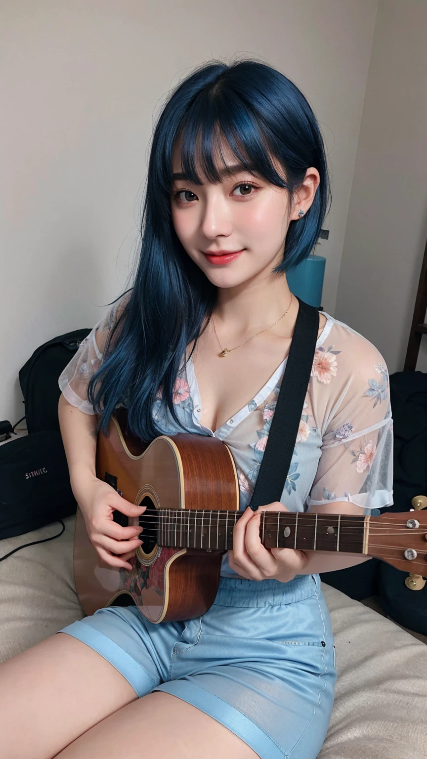 ((best quality)), photorealistic, photorealism, Photorealistic, high resolution, ((Wearing sheer floral shirt, short pants))、smile、A superb beauty、Super cute、ennui、Rare beauty、Very Short hair、Black Dark Eyeshadow、Sad、white skin、pale skin, Very short hair layered、Cute Makeup、Cute Smile、Fragrant beauty、Music studio background、Mastepiece、Best Quality、Refers to 5 books、Sweat glistening on my chest、Sweat glistening on my face、Medium breasts、Blue hair、Age 20 years old、Mysterious look、A sad expression、Blue Hair、Glamorous music studio、Sweating profusely all over the body、Plenty of sweat glistening on the thighs、A large amount of sweat glistens on my thighs、Sweating profusely、Gal、Medium breasts、Beautiful face、Alluring expression、Sitting、Sitting playing guitar、Thick thighs、Playing guitar、I have a guitar、Sing a song enthusiastically、Playing guitar in a band、Rock band、Playing guitar chords、Live House Background、Sing a song、Open your mouth、Live house scenery、Glamorous live stage、Dynamic Angle