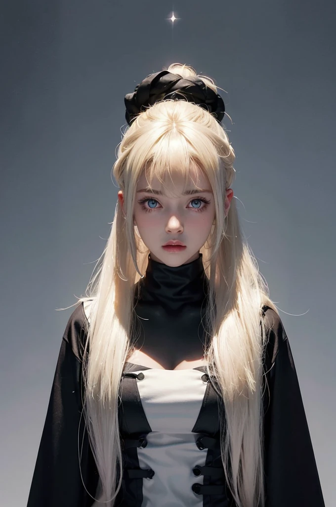 a 20 yo woman, blonde, (hi-top fade:1.3), dark theme, soothing tones, muted colors, high contrast, (natural skin texture, hyperrealism, soft light, sharp) girl, long white hair, black dress high and flared neck, dress futuristic, has black foot warmers, it doesn't have sleeves, blue eyes, Kawaii, pretty, anime, pastel, neon, charinspo, full body, white background, solo, accessories, oc, interesting design, (Character sheet:1), (Multiple views full body and upper body reference sheet:1), cute, glitter