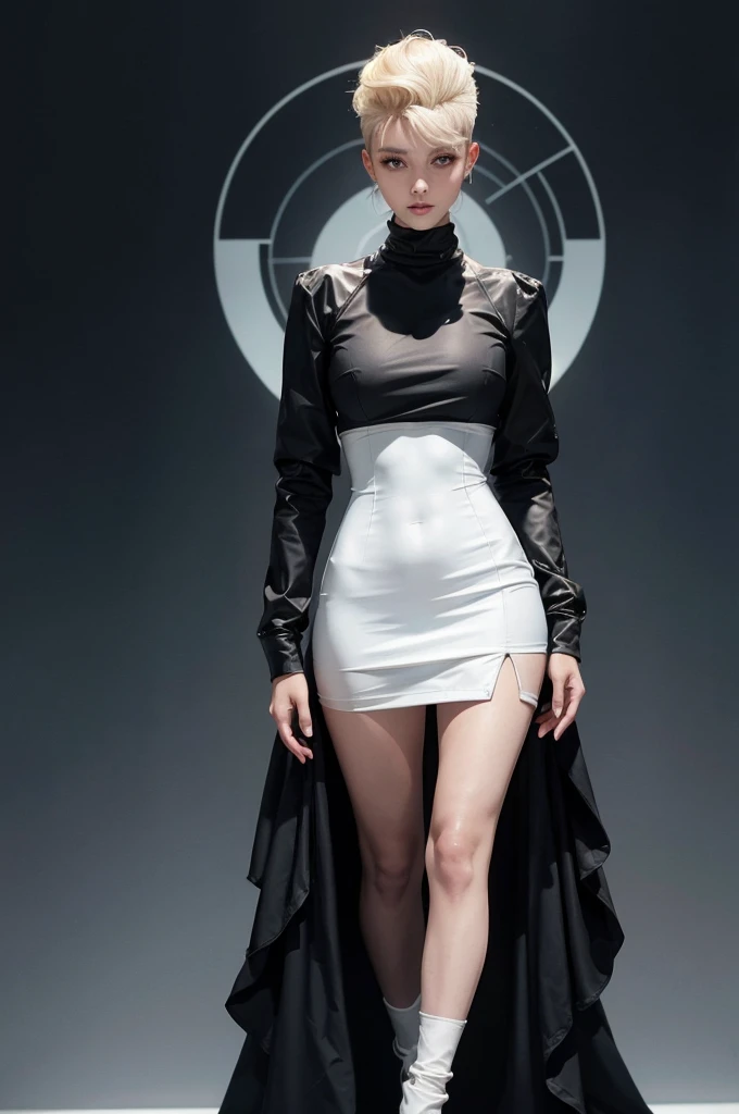 a 20 yo woman, blonde, (hi-top fade:1.3), dark theme, soothing tones, muted colors, high contrast, (natural skin texture, hyperrealism, soft light, sharp) girl, long white hair, black dress high and flared neck, dress futuristic, has black foot warmers, it doesn't have sleeves, blue eyes, Kawaii, pretty, anime, pastel, neon, charinspo, full body, white background, solo, accessories, oc, interesting design, (Character sheet:1), (Multiple views full body and upper body reference sheet:1), cute, glitter