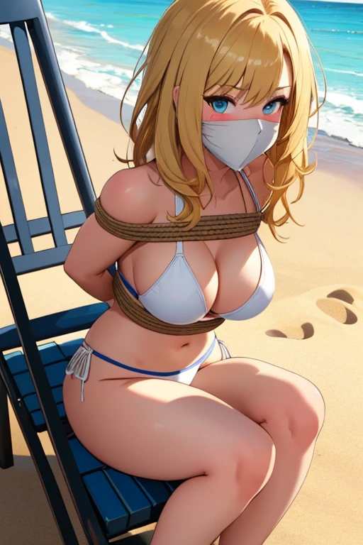 1 girl, detailed blue eyes, lange wimpern, detailed beautiful face, 4k quality, a Bit curly hair, (Long blonde hair:1.4), (arms behind back:1.6), gefesselte Arme, Red rope, (blushing:1.3), (Big breasts:1.6), (white Bikini, höschen mit seiten schnürung, 18 jears old:1.6), OTN, Gag, gagged, shibari, bondage, nah aufnahmen, Front view, on a beach, looking at the viewer, sitting in a beach chair