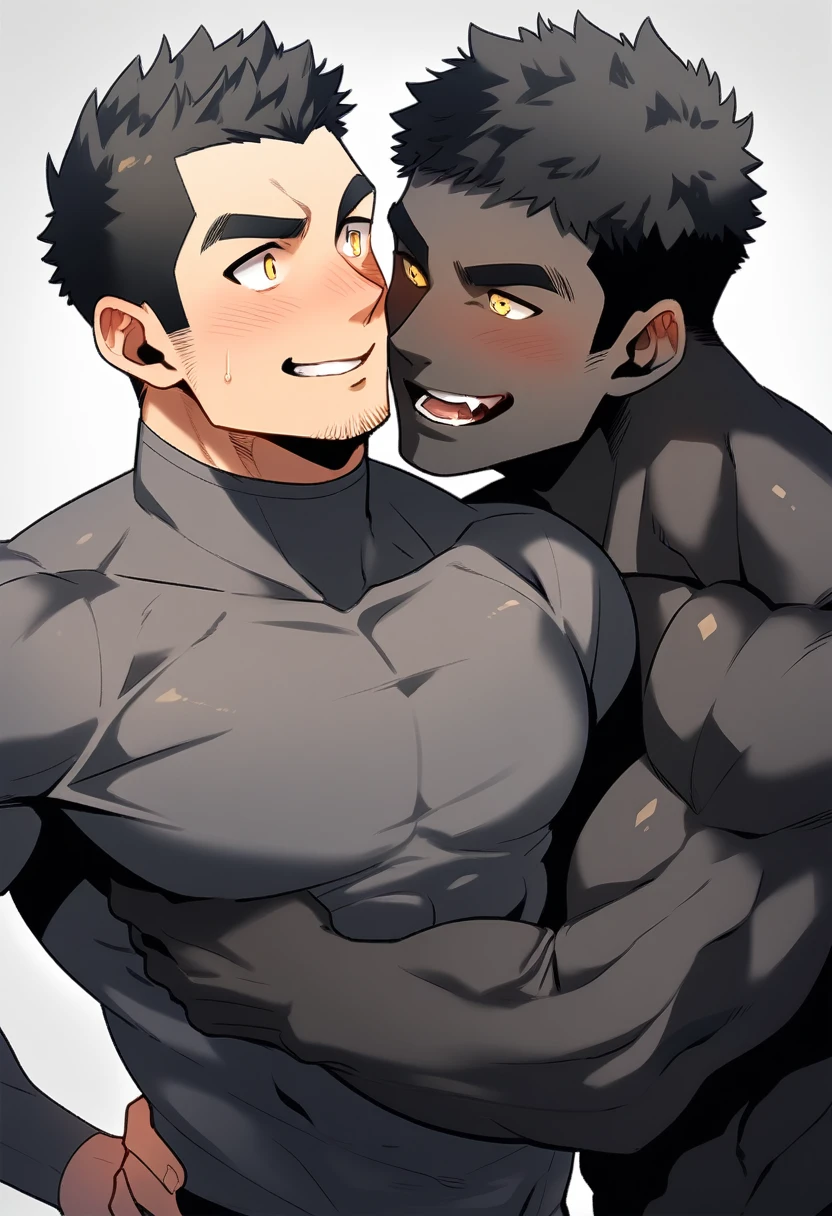 anime characters：Two superheroes in tights, Muscle superhero,Black Short Hair, ????? black skin, They hugged and kissed each other, Bite your neck, Caress, Manliness, male focus, Yellow and black high collar long sleeve tight T-shirt, Slightly transparent material, Very tight, Round, full and perky ????? muscles, Male dog waist, Slightly transparent, muscular male, muscular, only, Upper body, alone, Black Short Hair, Thick eyebrows, stubble, Yellow eyes, Grey background, simple background, amazing quality, best aesthetics, Ridiculous, bright pupils, crew cut, parted lips, torogao, naughty face, blush, saliva trail, drop shadow, best quality