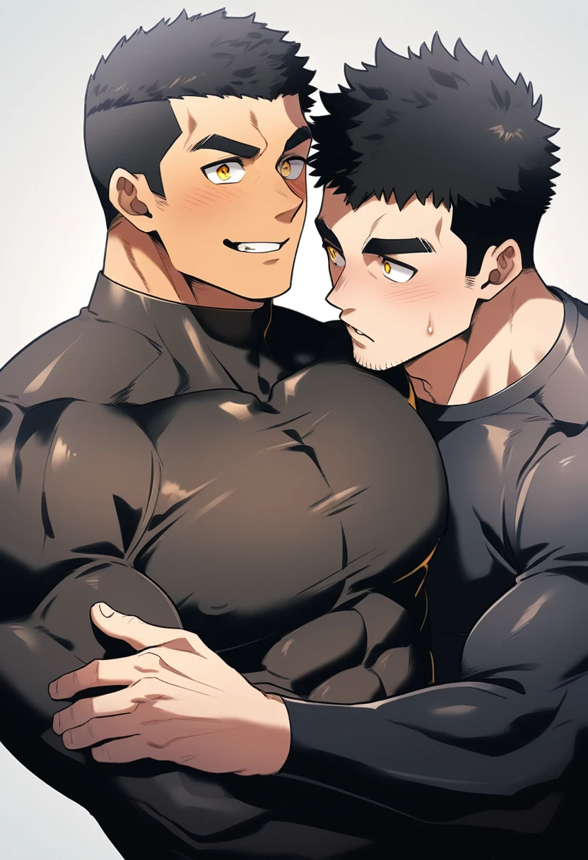anime characters：Two superheroes in tights, Muscle superhero,Black Short Hair,  black skin, They hugged and kissed each other, Bite your neck, Caress, Manliness, male focus, Yellow and black high collar long sleeve tight T-shirt, Slightly transparent material, Very tight, Round, full and perky  muscles, Male dog waist, Slightly transparent, muscular male, muscular, only, Upper body, alone, Black Short Hair, Thick eyebrows, stubble, Yellow eyes, Grey background, simple background, amazing quality, best aesthetics, Ridiculous, bright pupils, crew cut, parted lips, torogao,  face, blush, saliva trail, drop shadow, best quality