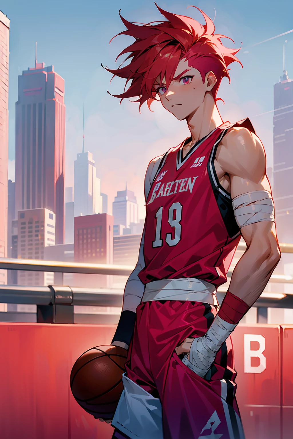 1male ,Bright Pinkish Red Hair , Bright Pinkish Res Eyes , Modern undercut Messy Hair , Basketball Jersey , Bandage Wrapped Wrist and Hand, Fitted Athletic Leg Sleeve, Modern City Background , Perfect Generation , Serious Expression