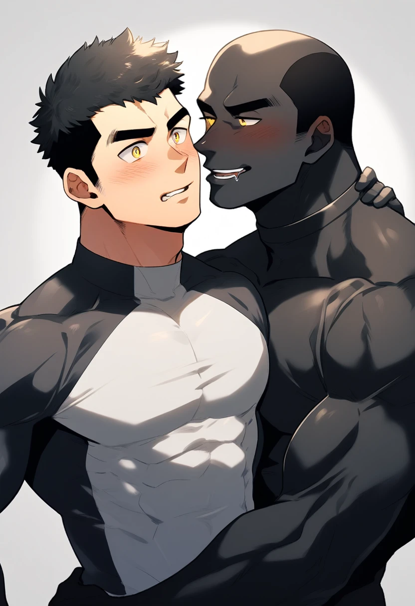anime characters：Two superheroes in tights, Muscle superhero,Black Short Hair, negro black skin, They hugged and kissed each other, Bite your neck, Caress, Manliness, male focus, Yellow and black high collar long sleeve tight T-shirt, Slightly transparent material, Very tight, Round, full and perky chest muscles, Male dog waist, Slightly transparent, muscular male, muscular, only, Upper body, alone, Black Short Hair, Thick eyebrows, stubble, Yellow eyes, Grey background, simple background, amazing quality, best aesthetics, Ridiculous, bright pupils, crew cut, parted lips, torogao, naughty face, blush, saliva trail, drop shadow, best quality