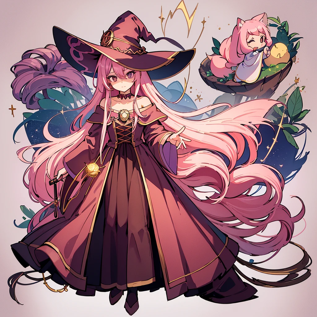 Highest quality, Best Quality,Best illustrations、(Pink Hair)、(Witch Hat、Brown witch outfit)、(Grab the magic wand)、(The magic of light)、(White background)、(Shoulder-length hair、Mature 50 Year Old、Adult women、Sharp Eye)、(Full body character concept)