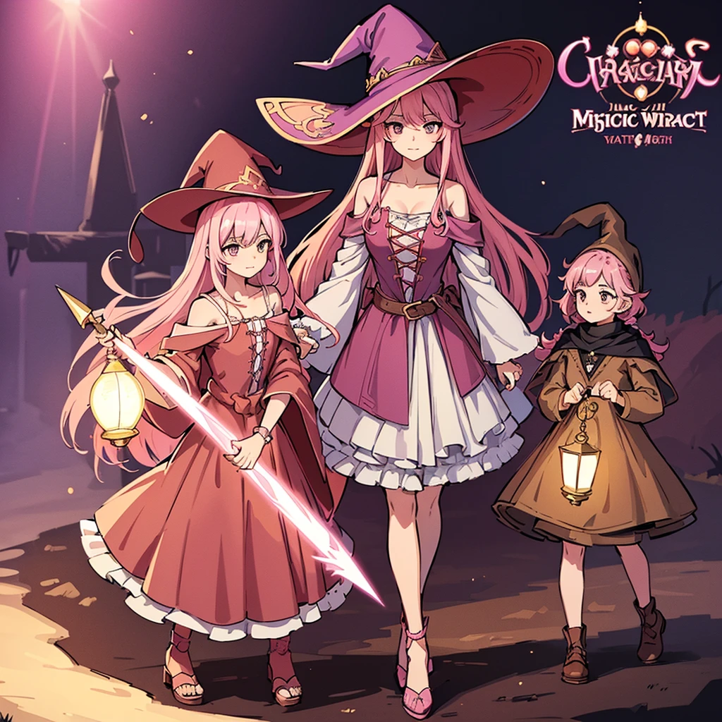 Highest quality, Best Quality,Best illustrations、(Pink Hair)、(Witch Hat、Brown witch outfit)、(Grab the magic wand)、(The magic of light)、(White background)、(Shoulder-length hair、Mature 50 Year Old、Adult women、Sharp Eye)、(Full body character concept)