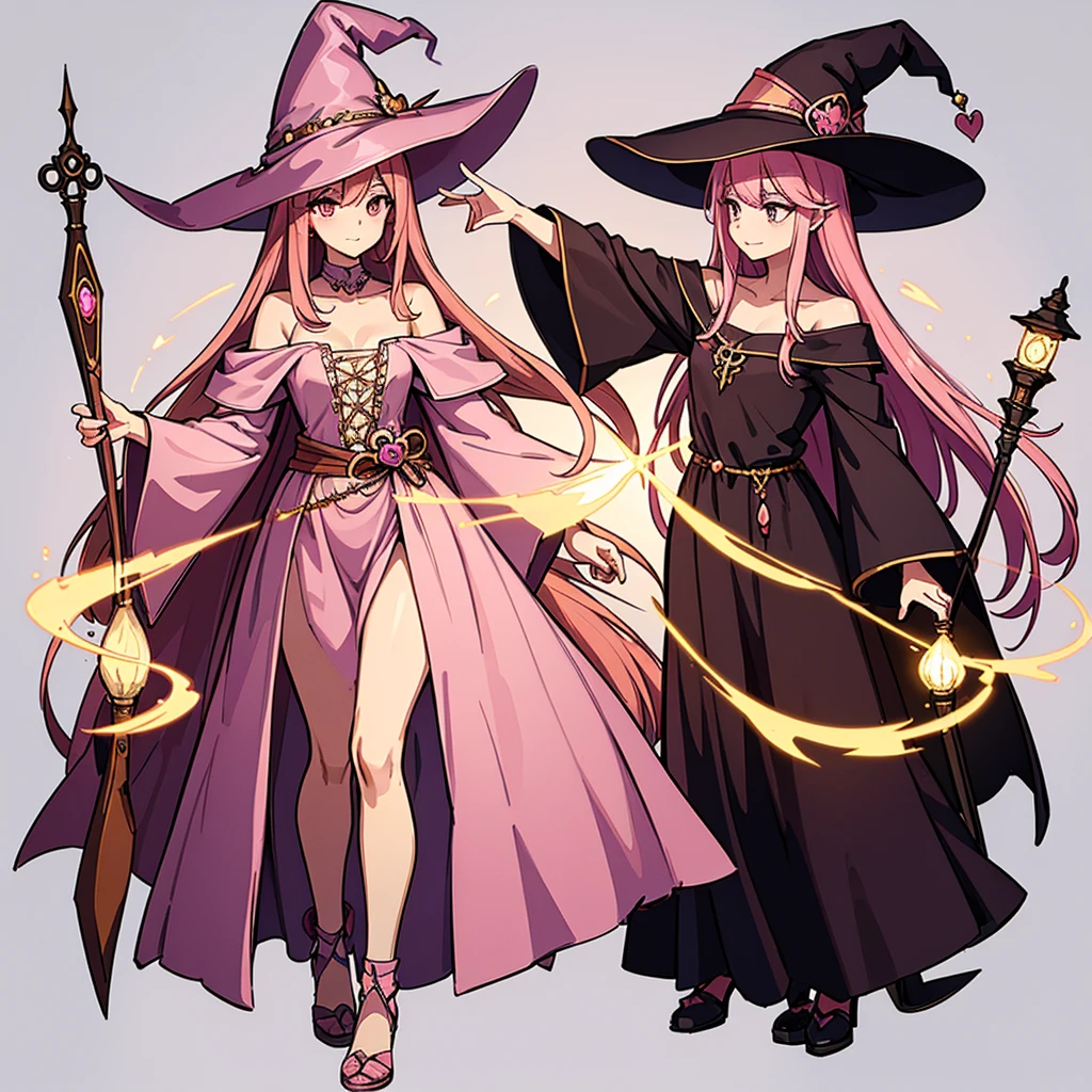 Highest quality, Best Quality,Best illustrations、(Pink Hair)、(Witch Hat、Brown witch outfit)、(Grab the magic wand)、(The magic of light)、(White background)、(Shoulder-length hair、Mature 50 Year Old、Adult women、Sharp Eye)、(Full body character concept)