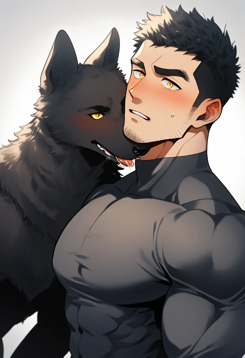 anime characters:Two superheroes in tights, Muscle superhero,Black Short Hair, negro black skin, They hugged and kissed each other, Bite your neck, Caress, Manliness, male focus, Yellow and black high collar long sleeve tight T-shirt, Slightly transparent material, Very tight, Round, full and perky chest muscles, Male dog waist, Slightly transparent, muscular male, muscular, only, Upper body, alone, Black Short Hair, Thick eyebrows, stubble, Yellow eyes, Grey background, simple background, amazing quality, best aesthetics, Ridiculous, bright pupils, crew cut, parted lips, torogao, naughty face, blush, saliva trail, drop shadow, best quality