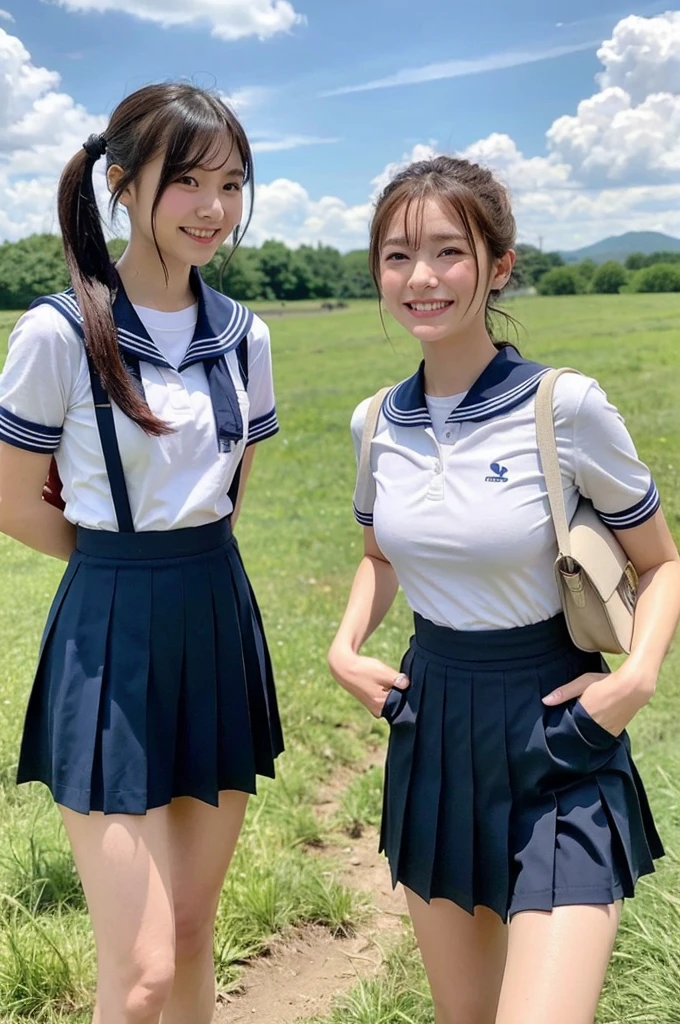 {1 | 2 | 3} girls on bench in school street,sailor shirt,navy blue pleated skirt,school bag,18-year-old,bangs,a little smile,thighs,knees,short hair with low pigtails bunches,from below,front light
