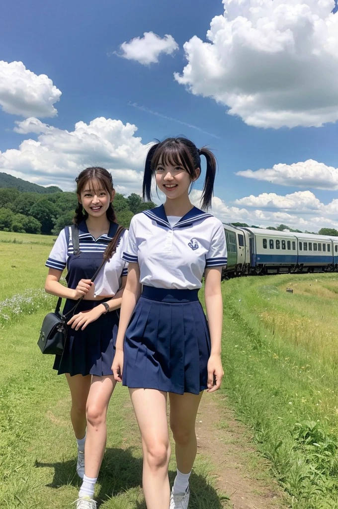 2 girls walking in rural field,train on railway,cumulonimbus cloud in summer blue sky,white sailor shirt,navy blue pleated skirt,student bag,18-year-old,bangs,a little smile,thighs,knees,wet short hair with low pigtails bunches,from beside,front light