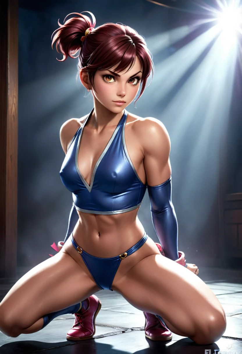 (Realisttic:1.2), analog photo style, (cute woman looking like Sakura Kasugano from "Street Fighter"), (cute detailed face, intensed detailed eyes), (her full body s a visual pleasure), faint smile, soft shading, lifelike skin texture, sexy and seductive, dynamic, in motion, light reflection on the floor, three dimensional effect, gloomy dark atmosphere, play of light in the sun rays, faded colours, great quality, Masterpiece, intricate fantasy background, naturally cinematic light, 16k quality, HDR, RAW photo