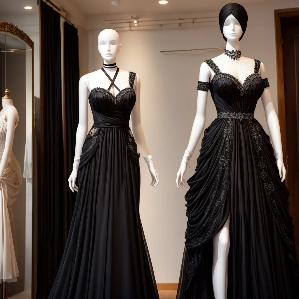 a mannequin on which hangs a beautiful black dress with a lot of details and a full-length white bandage