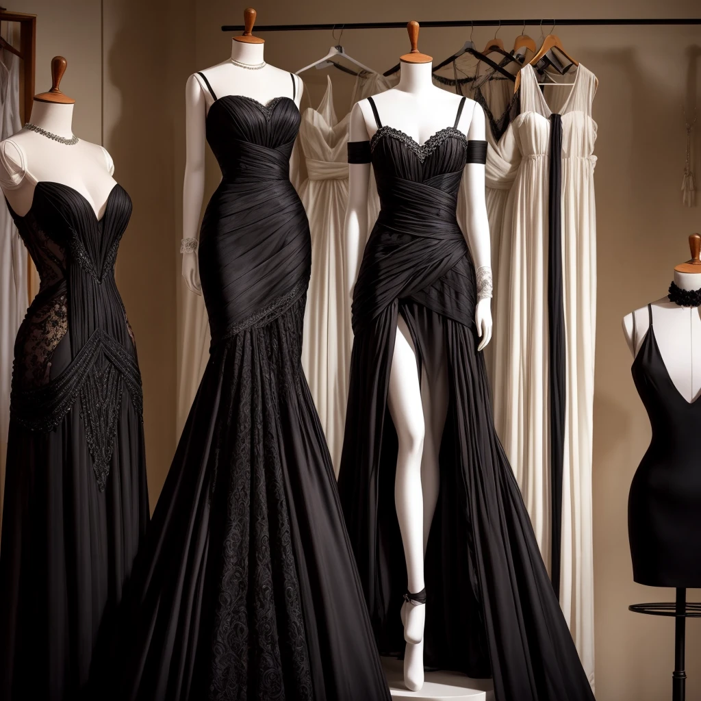 a mannequin on which hangs a beautiful black dress with a lot of details and a full-length white bandage