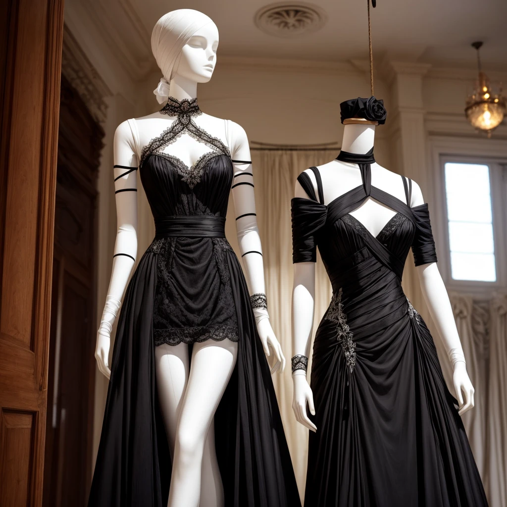 a mannequin on which hangs a beautiful black dress with a lot of details and a full-length white bandage