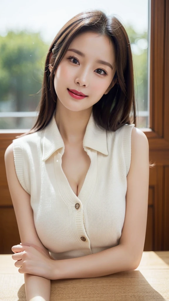 On the table, best quality, Photorealistic, Fine details, high resolution, 8k wallpaper, Perfect dynamic composition, Beautiful and delicate eyes, Medium Length Hair, Full breasts, Casual and sexy pose,Hold your head high and your chest high、(High collar cropped vest, sleeveless,White sweater Clear Clave)、Showing a small amount of chest skin,(Huge breasts,Towering breasts:1.2)、Cleavage:0.3,Toothy smile、View from the resort、18 years old、(Sagging eyes 1.4)、Adult Beauty、Japanese