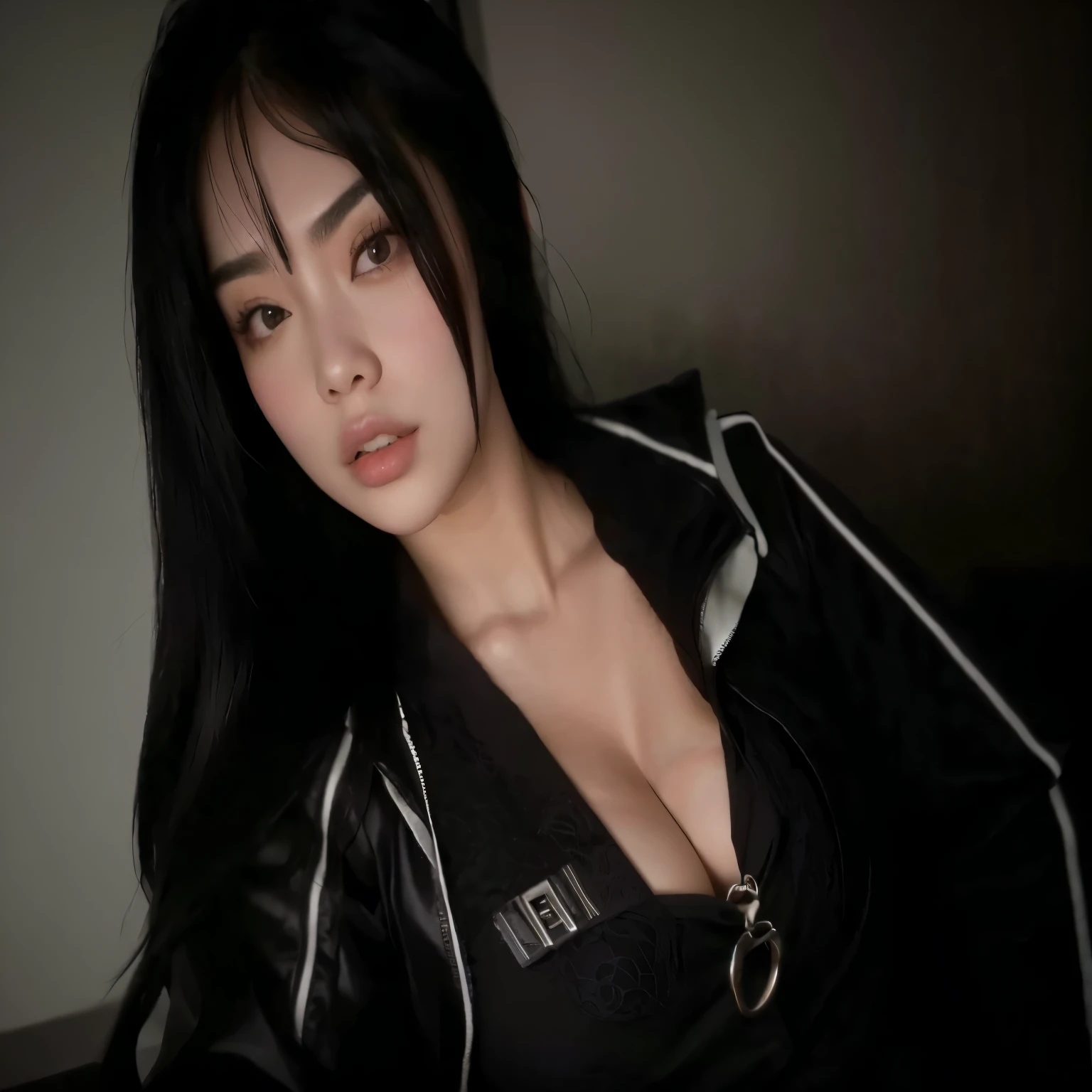 Arafed woman in a black jacket posing for a photo., she has black hair with bangs, profile picture, taken in 2 0 2 0, neckline, she , profile pictureture 1024px, Violet Myers, basia tran, profile pictureture, una Asian woman, headshot profile pictureture, Asian girl, bella poarch, charli xcx, Asian woman