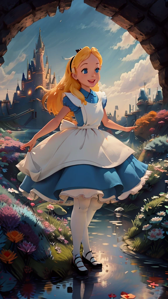 (masterpiece), (best quality), (extremely detailed), alice liddell, blue dress, white apron, black hairband, white long socks, cute pose, in a flower garden, (pond), (((disney castle at the background))), (blue sky), (sunny day), 3d. Illustration, Good Highlights, Perfect Proportions, dynamic, Professional, Award winning, (high detailed skin), (high detailed face), photorealistic, HDR, ultra highres, absurdres, perfect body shape, cute smiling, 、ウサギと走っている