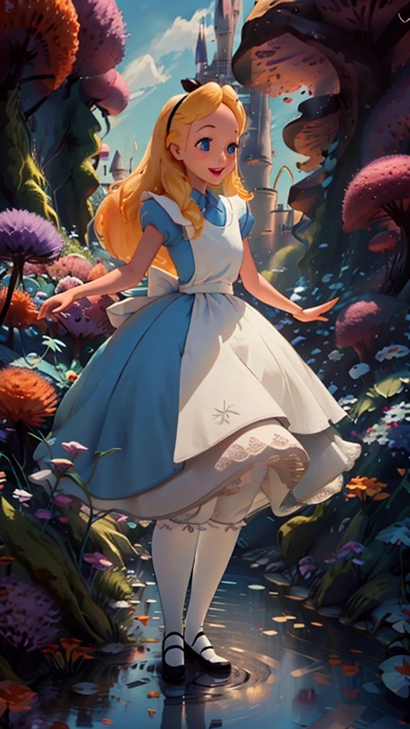 (masterpiece), (best quality), (extremely detailed), alice liddell, blue dress, white apron, black hairband, white long socks, cute pose, in a flower garden, (pond), (((disney castle at the background))), (blue sky), (sunny day), 3d. Illustration, Good Highlights, Perfect Proportions, dynamic, Professional, Award winning, (high detailed skin), (high detailed face), photorealistic, HDR, ultra highres, absurdres, perfect body shape, cute smiling, 、ウサギと走っている

