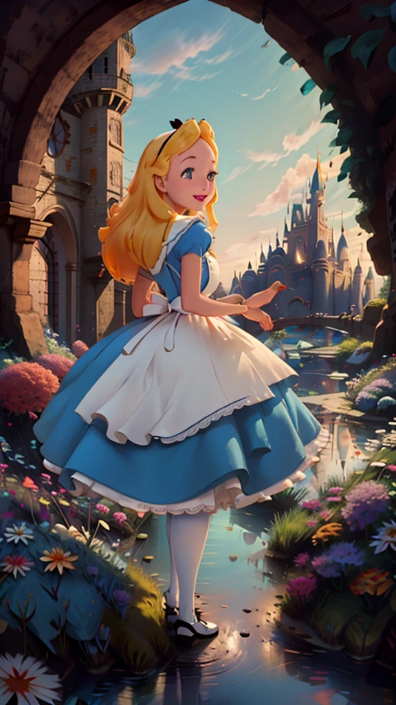 (masterpiece), (best quality), (extremely detailed), alice liddell, blue dress, white apron, black hairband, white long socks, cute pose, in a flower garden, (pond), (((disney castle at the background))), (blue sky), (sunny day), 3d. Illustration, Good Highlights, Perfect Proportions, dynamic, Professional, Award winning, (high detailed skin), (high detailed face), photorealistic, HDR, ultra highres, absurdres, perfect body shape, cute smiling, 、ウサギと走っている