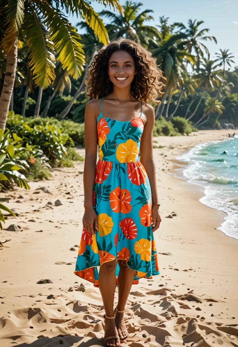punctuation_9,punctuation_8_High above,punctuation_7_High above,fine details in everything,A Brazilian woman with exuberant beauty, with tanned skin, long and wavy hair, brown in color. She is wearing a vibrant dress, typical of Brazilian festivals, adorned with colorful elements. Her smile is radiant and she exudes joy and confidence. Tropical scenery in the background with beaches and coconut trees. high qualiy, ultra-realistic 8K, detailed portrayal, soft lighting, happy expression.