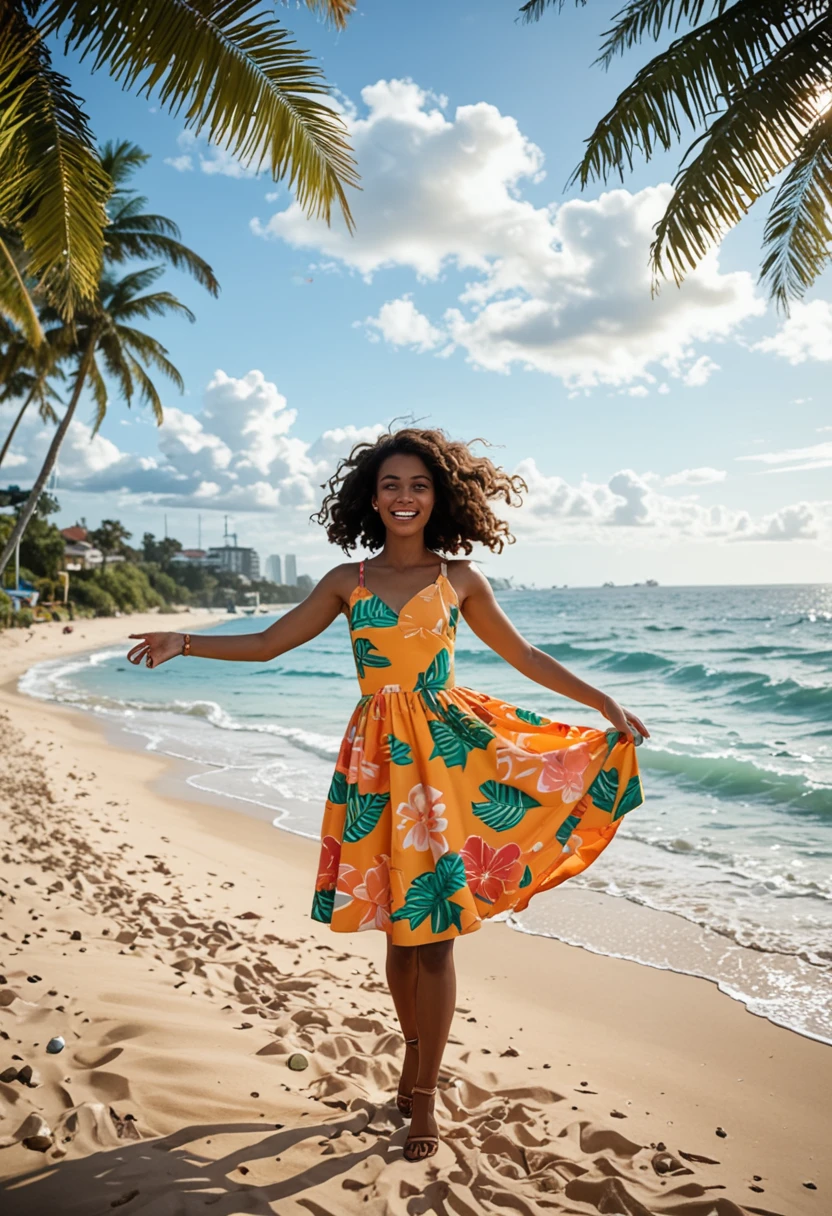punctuation_9,punctuation_8_High above,punctuation_7_High above,fine details in everything,A Brazilian woman with exuberant beauty, with tanned skin, long and wavy hair, brown in color. She is wearing a vibrant dress, typical of Brazilian festivals, adorned with colorful elements. Her smile is radiant and she exudes joy and confidence. Tropical scenery in the background with beaches and coconut trees. high qualiy, ultra-realistic 8K, detailed portrayal, soft lighting, happy expression.