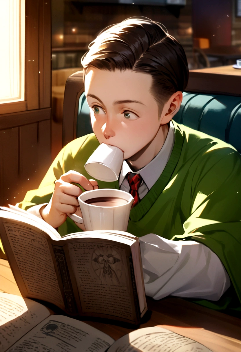 An image of Leonard sitting in a cozy cafe., drinking hot chocolate and reading a theology book with Sheldon Cooper