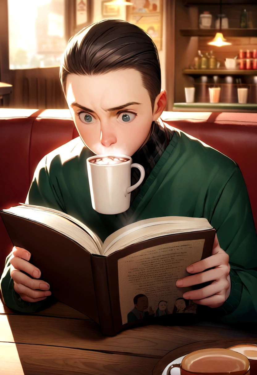 An image of Leonard sitting in a cozy cafe., drinking hot chocolate and reading a theology book with Sheldon Cooper