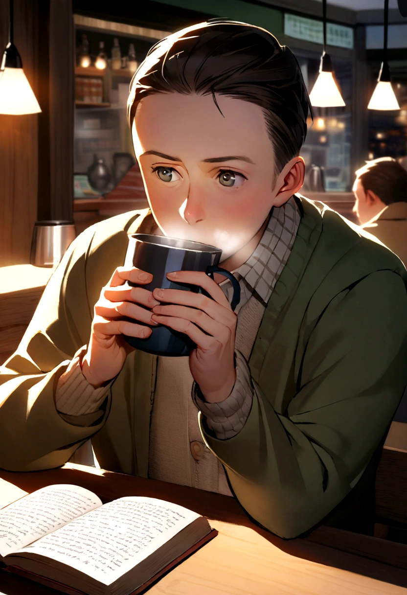 An image of Leonard sitting in a cozy cafe., drinking hot chocolate and reading a theology book with Sheldon Cooper