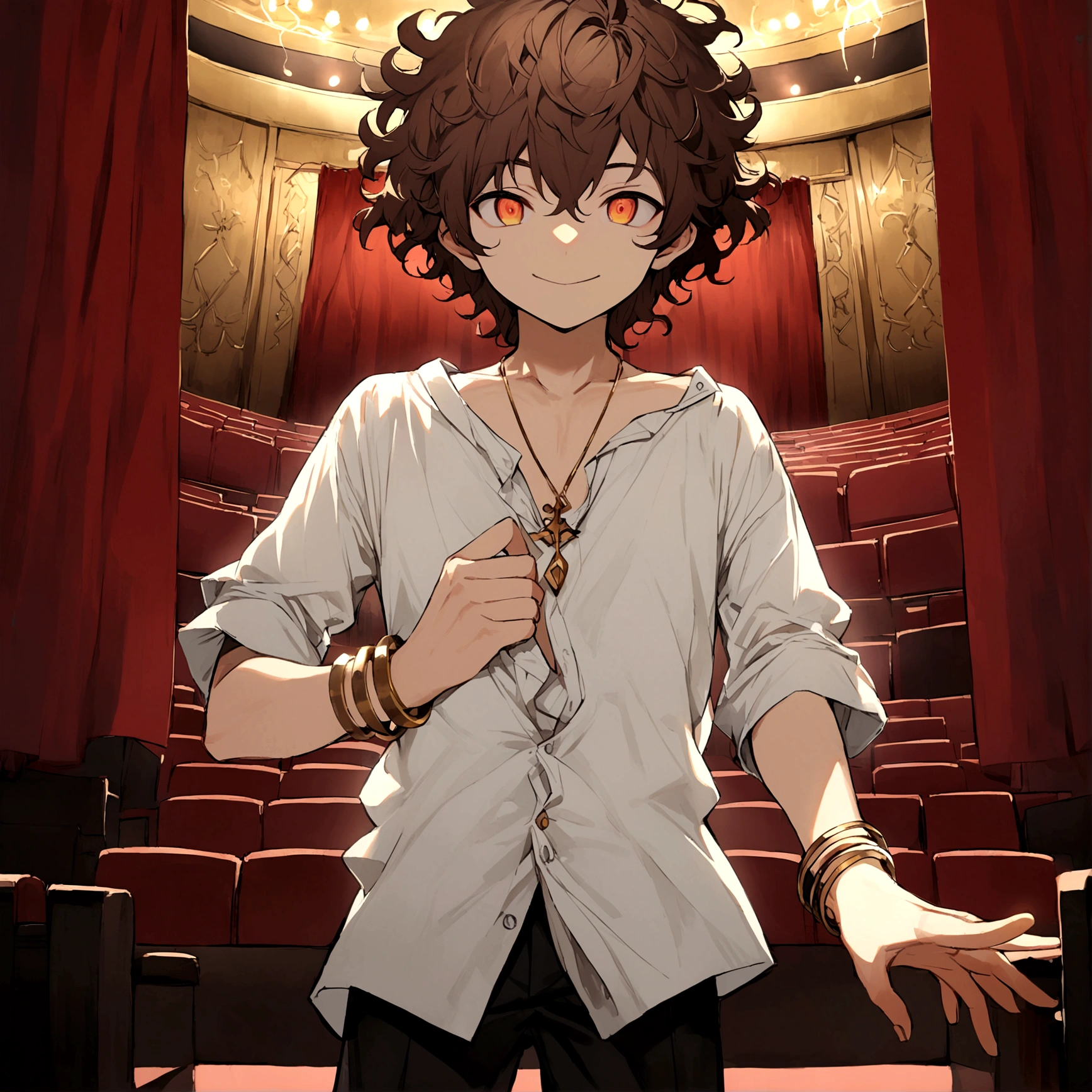 Young boy, posing thoughtfully, charismatic smile, mesomorph, playful look, white iris eyes, dark brown hair with golden and reddish highlights, wavy and messy hair, white shirt with the first button undone, bronze bracelets with arcane symbols, necklace with a lightning symbol, background with red curtains, theater place, without audience