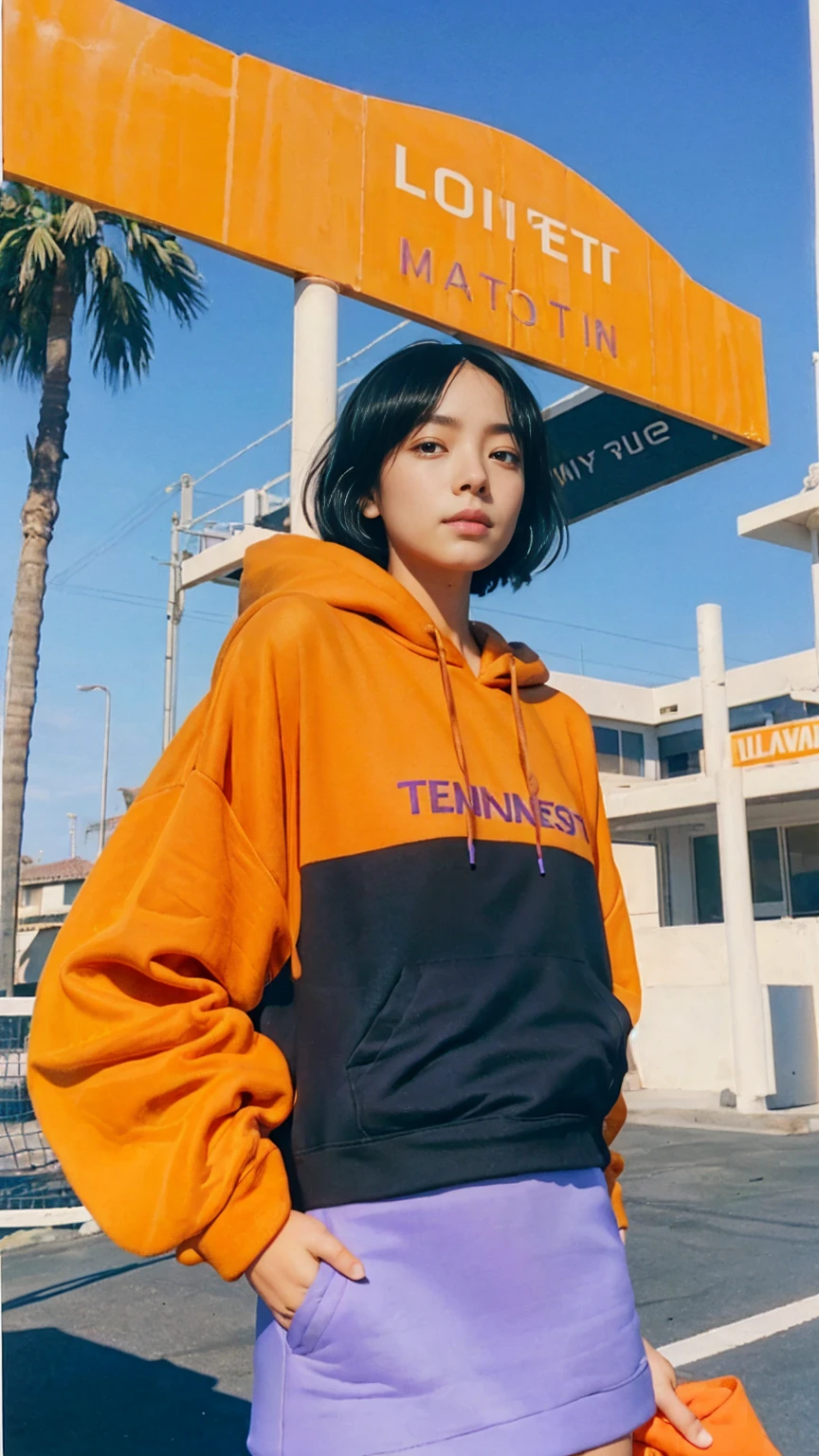 1 girl,looking front, wear ((orange oversized hoodie)), (purple tennis skirt),Best Quality,Masterpiece,Ultra High Resolution,(Realisticity:1.4),Original Photo, 8k, light leak,dark intens shadow,ultra high resolution,UHD,beautiful, (black bob hair), almond eye, no makeup, in front of 80's architecture colorful motel, (from below:1.2), (realistic:1.2), (surreal:1.3), (very detailed:1.1), ((masterpiece)),summer, blue sky, palm trees,sunny, los angles vibes