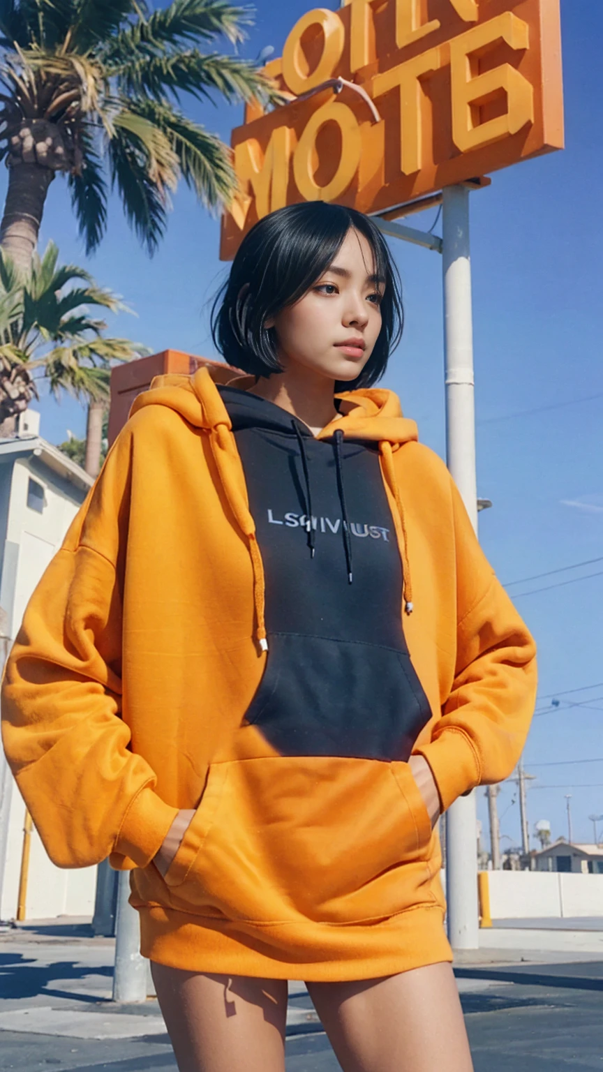 1 girl,looking front, wear ((orange oversized hoodie)), (purple tennis skirt),Best Quality,Masterpiece,Ultra High Resolution,(Realisticity:1.4),Original Photo, 8k, light leak,dark intens shadow,ultra high resolution,UHD,beautiful, (black bob hair), almond eye, no makeup, in front of 80's architecture colorful motel, (from below:1.2), (realistic:1.2), (surreal:1.3), (very detailed:1.1), ((masterpiece)),summer, blue sky, palm trees,sunny, los angles vibes