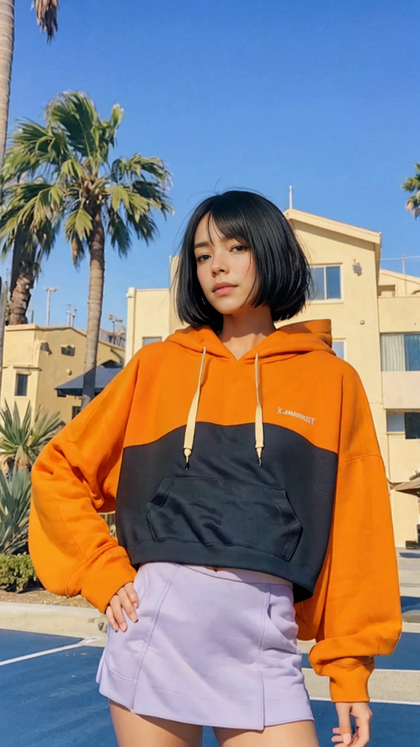 1 girl,looking front, wear ((orange oversized hoodie)), (purple tennis skirt),Best Quality,Masterpiece,Ultra High Resolution,(Realisticity:1.4),Original Photo, 8k, light leak,dark intens shadow,ultra high resolution,UHD,beautiful, (black bob hair), almond eye, no makeup, in front of 80's architecture colorful motel, (from below:1.2), (realistic:1.2), (surreal:1.3), (very detailed:1.1), ((masterpiece)),summer, blue sky, palm trees,sunny, los angles vibes
