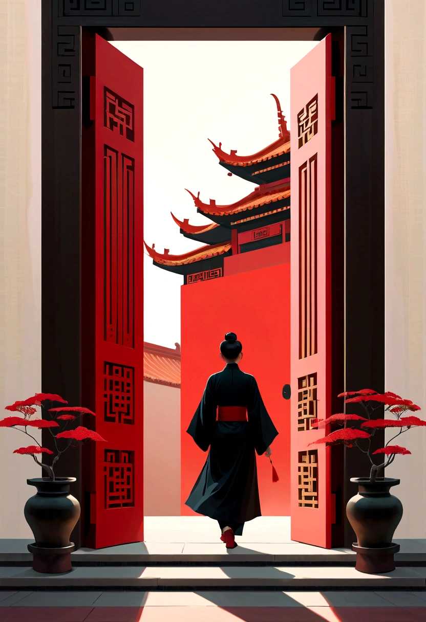 A painting depicting a person walking, There are very delicate Chinese classical doors and plants, Mysterious background, Layered sky, Red and black, Backlight, Traditional Chinese landscape style, New Tradition, Oriental style, James Turrell, The plant is Nagai's, Fan Kuan's style, The terrifying reality, And cunning. I can't believe how beautiful this is. Symmetrical composition, Massive, excellent use of negative space, Upward, One-point perspective, Realistic ultra-details, 8K, HD
