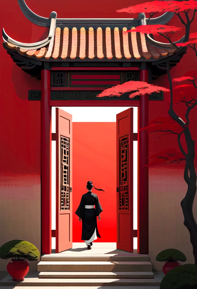A painting depicting a person walking, There are very delicate Chinese classical doors and plants, Mysterious background, Layered sky, Red and black, Backlight, Traditional Chinese landscape style, New Tradition, Oriental style, James Turrell, The plant is Nagai's, Fan Kuan's style, The terrifying reality, And cunning. I can't believe how beautiful this is. Symmetrical composition, Massive, excellent use of negative space, Upward, One-point perspective, Realistic ultra-details, 8K, HD