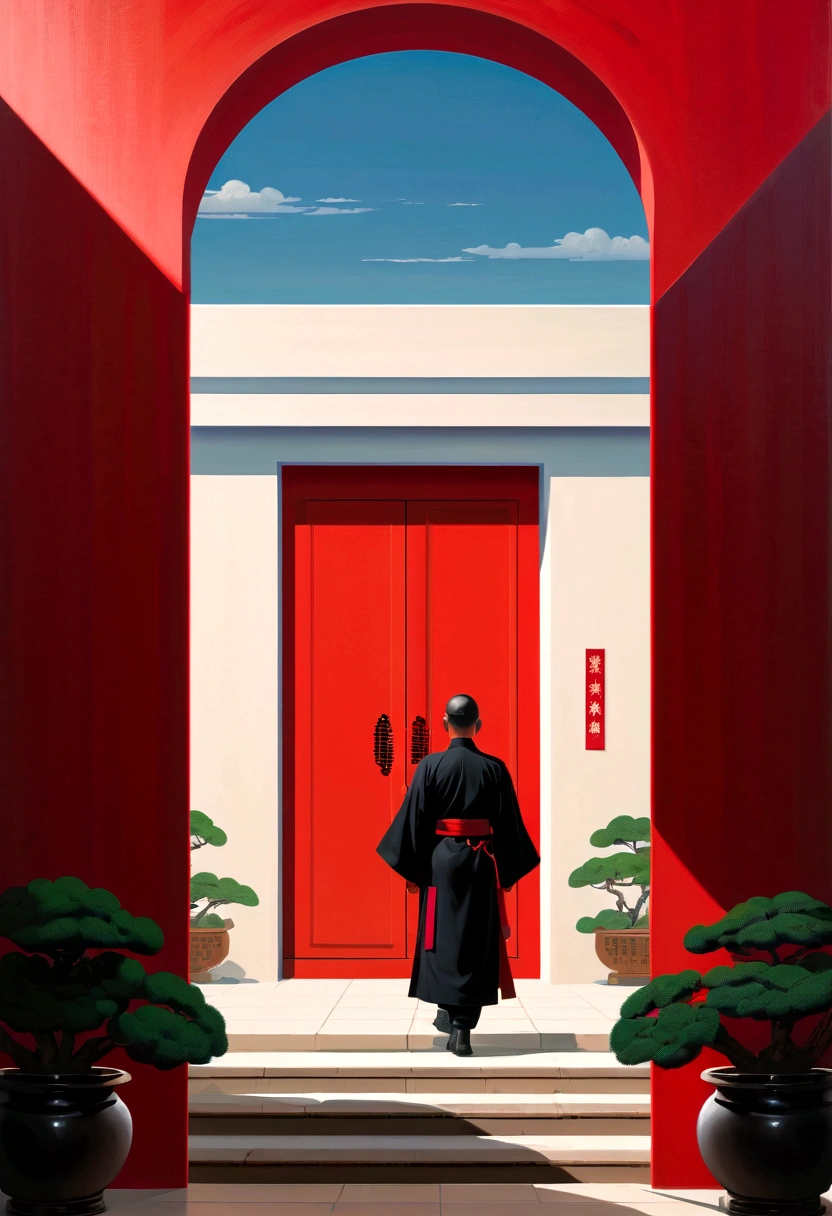 A painting depicting a person walking, There are very delicate Chinese classical doors and plants, Mysterious background, Layered sky, Red and black, Backlight, Traditional Chinese landscape style, New Tradition, Oriental style, James Turrell, The plant is Nagai's, Fan Kuan's style, The terrifying reality, And cunning. I can't believe how beautiful this is. Symmetrical composition, Massive, excellent use of negative space, Upward, One-point perspective, Realistic ultra-details, 8K, HD