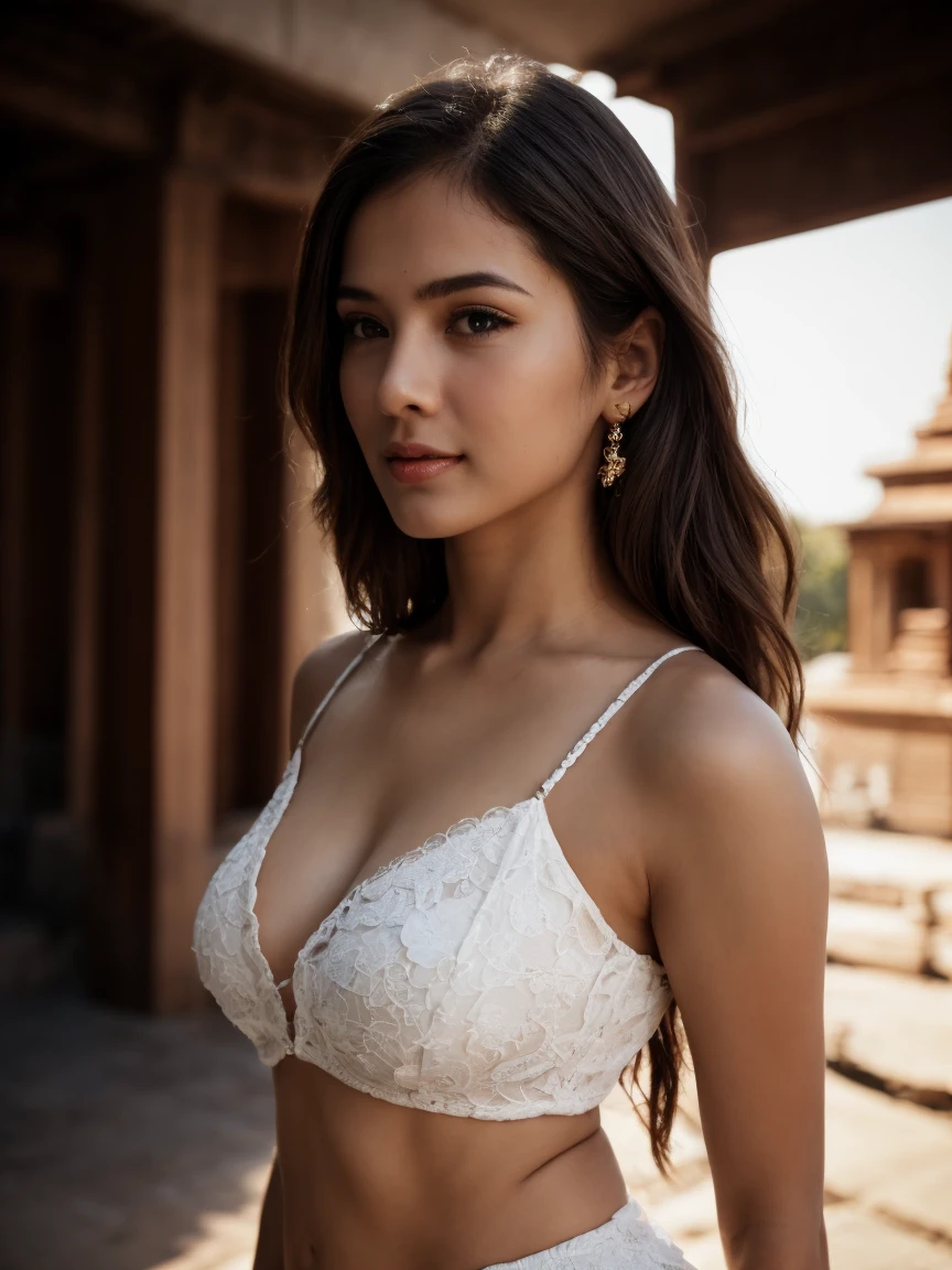 (realistic, photo-realistic:1.4), (1girl), (side view), Beauty standing in front of the temple, 1 girl, a 27-year-old Indian woman, absolute beauty, long hair, wearing a traditional dress, (moody, private study:1.3), POV, by Lee Jeffries, Nikon d850, film stock photograph ,4 Kodak Portra 400 , camera f1.6 lens , rich colors, ultra-realistic, hyper-realistic, ultra-detailed, hyper-detailed, 35mm F/28, hyper-detailed full body shot of a woman, nice face, smile, sexy body, perfect body, aesthetic body, cleavage, navel, perfect located eyes, face focused, 8K, HD Crisp Upscale, realistic lying, RAW photography, best quality: 1.4, temple on the background , Beautiful details eye, perfect anatomy, long hair, High-detailed, --v5, view from side, dimple on cheek