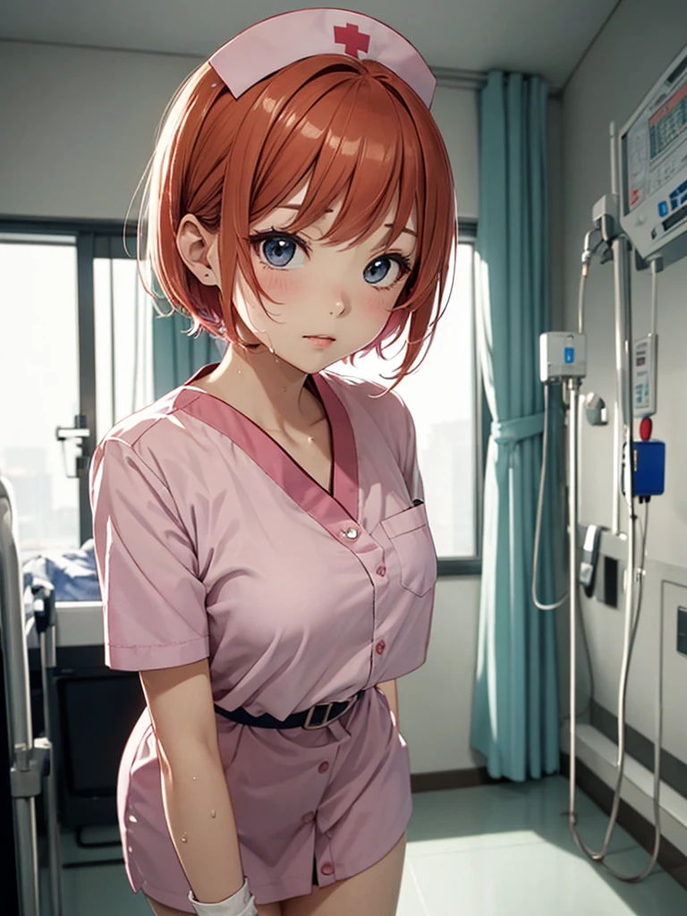 Beautiful young woman, Anime Style, Detailed face, Redhead, Wet Hair, Big eyes, pinkの目, Delicate features,One Girl, alone, nurse, pink, White gloves, Very short hair, Orange Hair, Are standing, ((Hospital room)), Sharp contours, Short sleeve, Tomboy, boyish, Highest quality, masterpiece、No hat、erotic、sexy