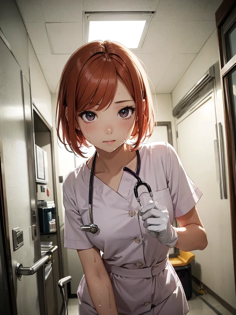 Beautiful young woman, Anime Style, Detailed face, Redhead, Wet Hair, Big eyes, pinkの目, Delicate features,One Girl, alone, nurse, pink, White gloves, Very short hair, Orange Hair, Are standing, ((Hospital room)), Sharp contours, Short sleeve, Tomboy, boyish, Highest quality, masterpiece、No hat、erotic、sexy