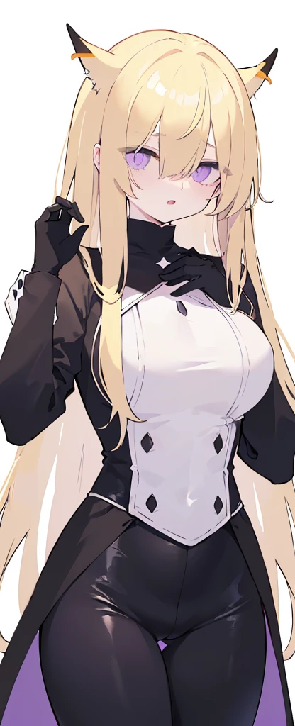 (((Long Blonde hair))),blonde hair,kawai,(((Eyes visible from bangs,hair over eyes:1.3))),,Huge breasts,(purple color eyes),,(purple slanted eyes),1girl in,bangs,long blonde hair, pantyhose,Cowboy Shot,white background,Straight hair hair,(On both sides of the head has sharp black devil horns) Using a white fox fur coat) wearing a black shirt (using black gloves) ((head bowed pose)) Ter's hair flows straight down, has two sharp black horns (slant purple eyes) Must wear a black shirt! (The black shirt sleeves are all black fabric. The shirt sleeves are folded up to the elbows.)Wearing black gloves) wearing open mouth as if in panic) wearing shiny, tight black pants (Tight black pants shine like rubber) hands down Slim body (Arms above chest pose (all black fabric)