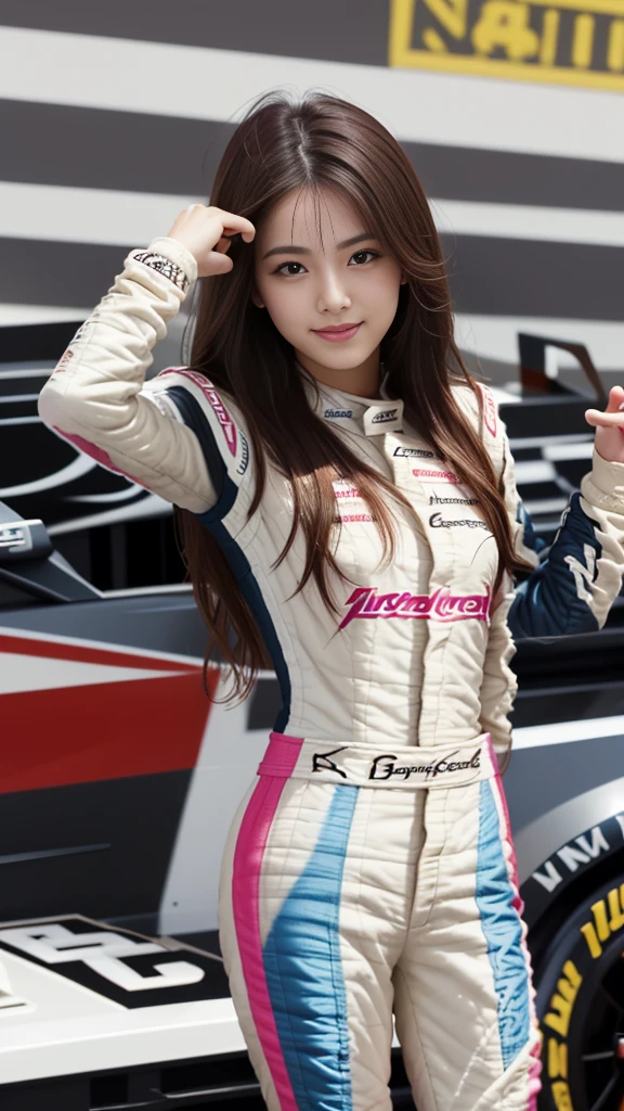 masterpiece, Highest quality, Realistic, Highly detailed CG integrates 8K, 8K,(Very beautiful face, Beautiful Lips, Beautiful Eyes), Exquisitely detailed face,1 Girl, Very beautiful girl,Exquisite eye makeup,Subtle eye detail,The best example of four fingers and one thumb,Toned figure,Nice and beautiful smile,明るいLong Hair,transparent, Quality hair,(masterpiece, Highest quality:1.2),alone,The eyes are exquisite and delicate,Brown Hair、Long Hair、Pink Lips,blue eyes,Big Breasts、Wavy Hair、(((Race Queen:1.5)))、Japanese、25-year-old female
